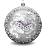 Set of 4 silver Christmas balls "Bullfinches, Snowflakes, Bells and a Happy childhood"